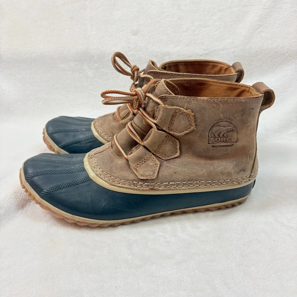 Sorel Out N About Waterproof Leather Duck Boots‎ Women Sz 8.5 Tan Black Ankle